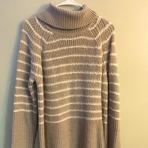 Tan and white striped scoop neck sweater